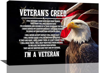 Veteran Wall Art Patriotic Pictures Wall Decor Military Canvas Prints Veterans Day Decorations Painting Framed Bald Eagle Artwork Office Home Man Cave Decor For Bathroom Bedroom Living Room 24"x16"