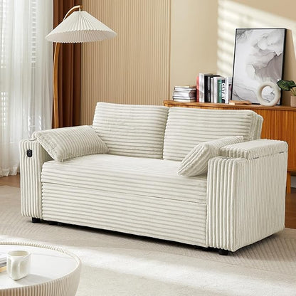 68.11" Corduroy Sleeper Chair Bed with USB Port, Cup Holders & Side Storage Pockets – 3-in-1 Foldable Sofa Bed for Guest Room, Living Room – White
