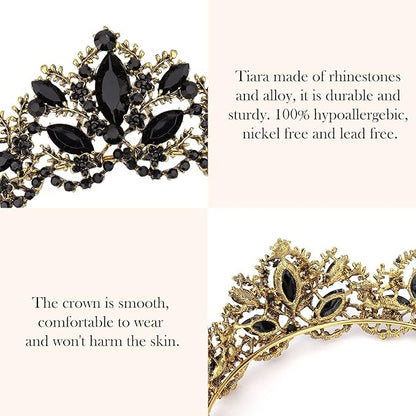 Black Tiara for Women Gold Crown for Girls Wedding Princess Birthday Crystal Rhinestones Headbands for Prom Bridal Party Halloween Costume Christmas Gift