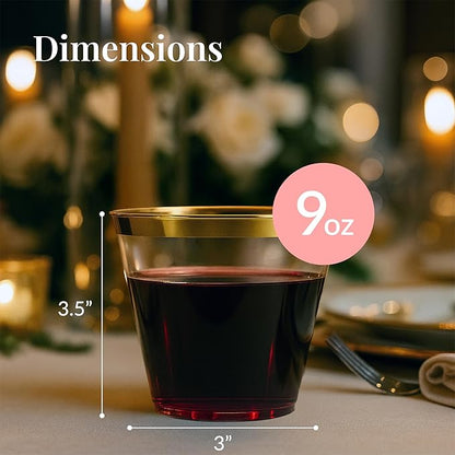 Prestee Hard Disposable Cups - Heavy Duty Fancy Plastic Cups - Plastic Cocktail Drinkware - Disposable Drinking Cup 9 oz - Bulk Drinking Glasses for Wedding - 200ct Gold Tumblers