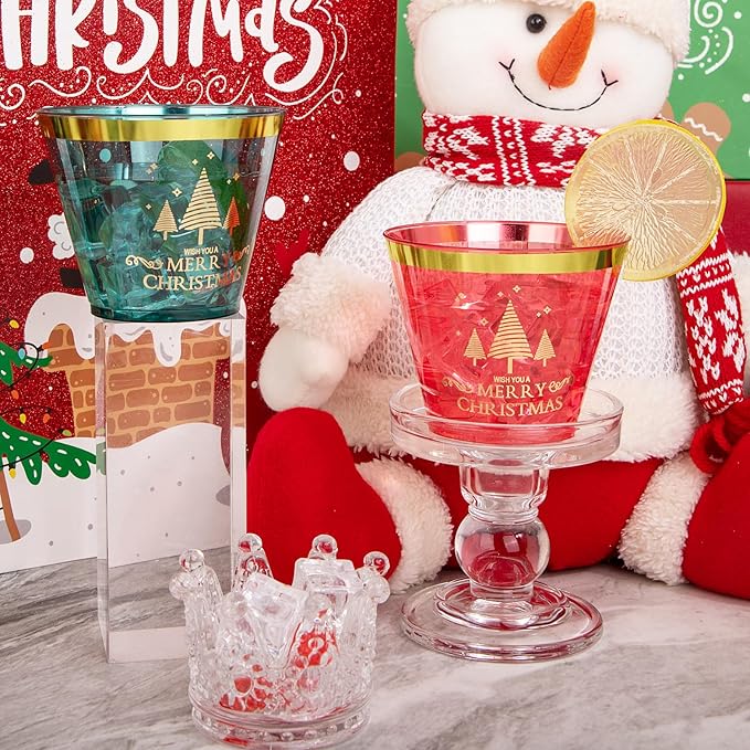 I00000 60PCS Merry Christmas Party Cups - Christmas Disposable Cups 9 Oz Green Party Cups Wine Glasses Gold Rim Clear Plastic Cocktail Cups Tumblers Drinking Cups for Xmas Parties