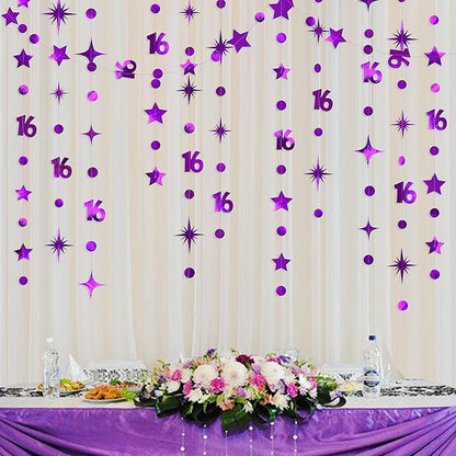 Purple Number 16 Circle Dot Twinkle Star Garland Kit Metallic Hanging Streamer Bunting Banner Backdrop Decorations for Girls Boys 16th Birthday Sweet Sixteen Wedding Anniversary Bridal Shower Party