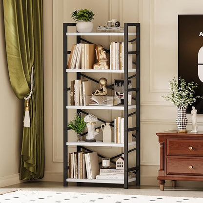 Homeiju Organization and Storage, 5 Tier Bookshelf, Tall Bookcase with Shelves, Wood and Metal Book Shelf Storage Organizer, Industrial Display Standing Shelf Unit for Bedroom, White