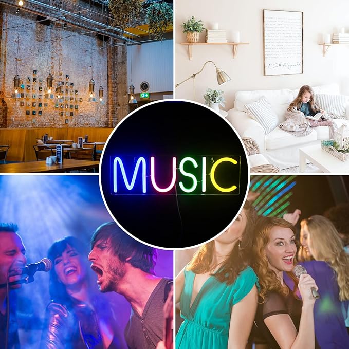 Lucunstar Music Neon Light Neon Sign for Wall Decor Colorful Letters Lights Sign Music Word LED for Bedroom Game Room Club Bar Party Decoration Game Room Decor in Christmas Party