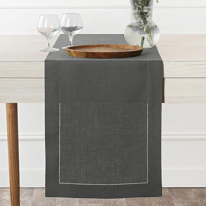 D'Moksha Homes Linen Charcoal Grey Table Runner 120 Inches Long - 100% Pure Linen Hemstitch 14 x 120 Inch Table Runner for Dining, Winter, Christmas, Holiday - Classic Hemstitch