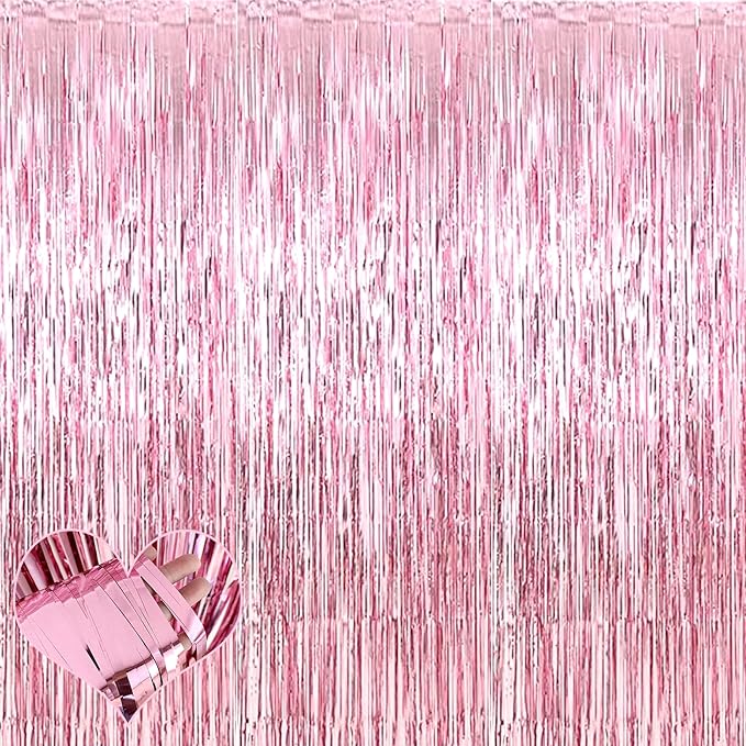 4 Pack Pink Fringe Curtain Backdrop, 3.2Ft x 8.2Ft Metallic Tinsel Foil Fringe Streamers Background for Photo Booth Birthday Wedding Baby Shower Carnival Easter Mother’s Day Party Decorations