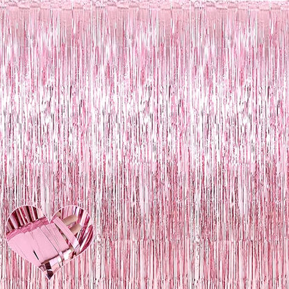 4 Pack Pink Fringe Curtain Backdrop, 3.2Ft x 8.2Ft Metallic Tinsel Foil Fringe Streamers Background for Photo Booth Birthday Wedding Baby Shower Carnival Easter Mother’s Day Party Decorations