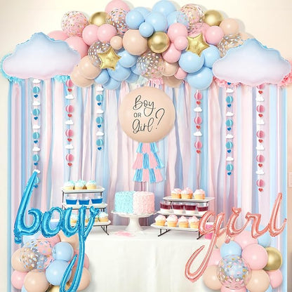Ouddy Party Gender Reveal Decorations, Pastel Pink and Blue Nude Confetti Balloons Arch Kit Star Hanging Cloud Garland Paper Tassels He or She Boy or Girl Gender Reveal Baby Shower Party Supplies