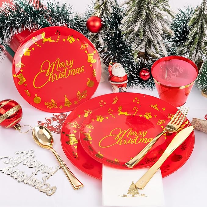 Ciaell 175 Pieces Christmas Plastic Plates - Red and Gold Plastic Plates include 25Dinner Plate, 25Dessert Plate, 25Knives, 25Forks, 25Spoons, 25cups, 25 Christmas Napkins for Xmas Party