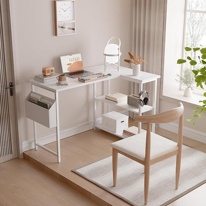 Pamray 40 Inch L Shaped Computer Desk with Reversible Side Storage Shelves, Small Corner Desk for Small Space Home Office, Writing Study Table PC Desk for Bedroom, White