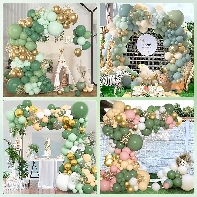 Amandir 153pcs Sage Green Balloon Garland Arch Kit, Different Sizes 18 12 10 5 inch Green Blush Gold Latex Metallic Confetti Gold Balloons for Birthday Baby Shower Wedding Safari Forest Decorations