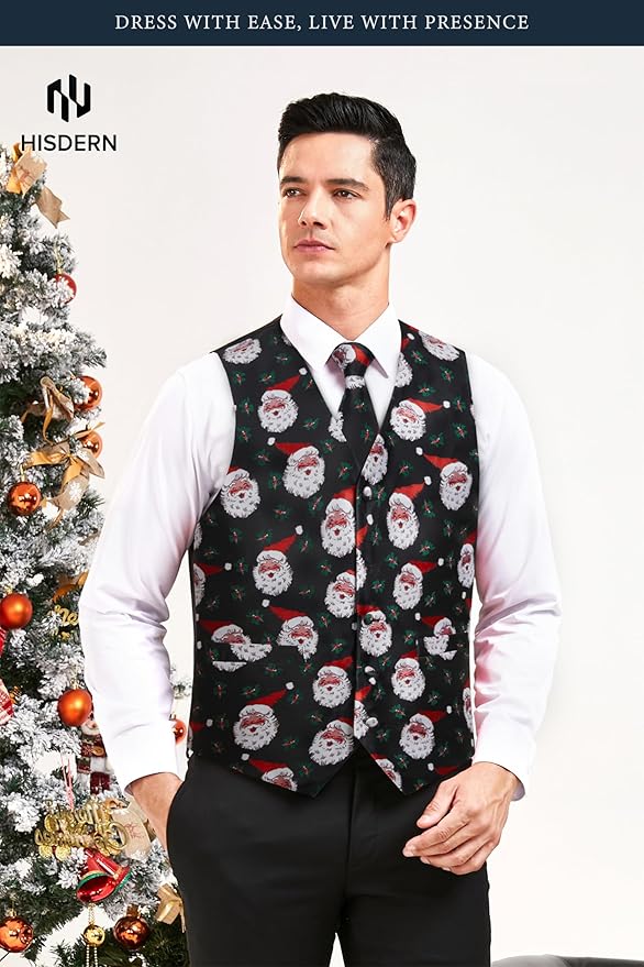 HISDERN Men's Suit Vest Christmas Holiday Season Party Jacquard Waistcoats Necktie Pocket Square Vest Suit Set