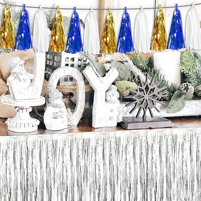 3 Pack Navy-Blue White and Gold Tassel Banner Garland Metallic Foil Fringe Banner Tinsel Tassels Streamer Banner Backdrop for Parade Floats, 2025 Graduation, Retirement Party Decoratio
