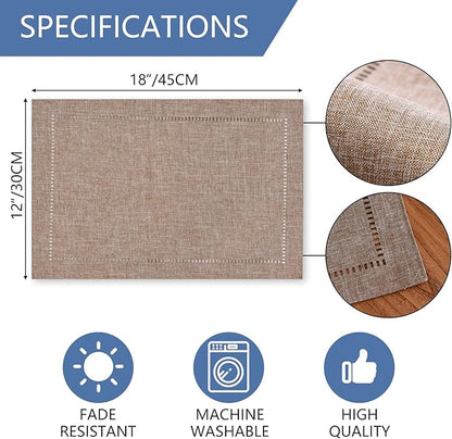 Tosewever Set of 4 Decorative Linen Placemats 12 x 18 Inches, Farmhouse Style Table Mats for Everyday Dining Wedding Party Holiday Home Decor (4 Pieces 12 x 18”, Light Coffee/Straight)
