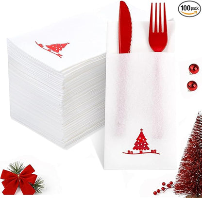 100PCS Christmas Paper Napkins - Red Christmas Tree Napkin with Built-in Flatware Pocket Prefolded Cloth-Like - Heavy-duty Linen-Feel Dinner Napkins Disposable for Xmas Events Tableware Decor