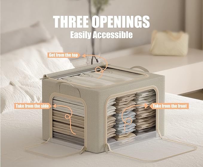 3 Opeings Large Clothes Storage Bins with Metal Frame, Foldable Storage Bin for Clothes, Clothing Storage Bins with Lid, Linen Storage Box With Clear Window＆ Zippers＆ Durable Handles.(3 Pcs,Beige,66L)