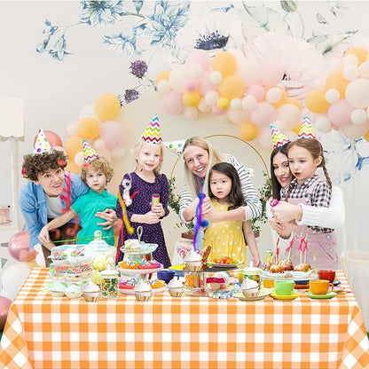 WNINK 6 Pack Orange and White Checkered Rectangular Plastic Tablecloths, Orange Gingham Waterproof Disposable Table Covers 54" x 108" for Birthday, Wedding, Outdoor Picnic Camping Parties