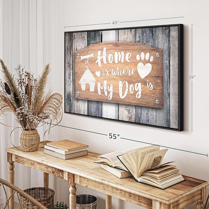 Elephant Stock Home Is Where My Dog Is Wall Art - Horizontal Floating Framed Canvas - 1-Piece Living Room Wall Decor - Pet Digital Art Canvas Print - Gray and Beige Decor for Wall - 43" X 29"