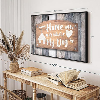 Elephant Stock Home Is Where My Dog Is Wall Art - Horizontal Floating Framed Canvas - 1-Piece Living Room Wall Decor - Pet Digital Art Canvas Print - Gray and Beige Decor for Wall - 43" X 29"