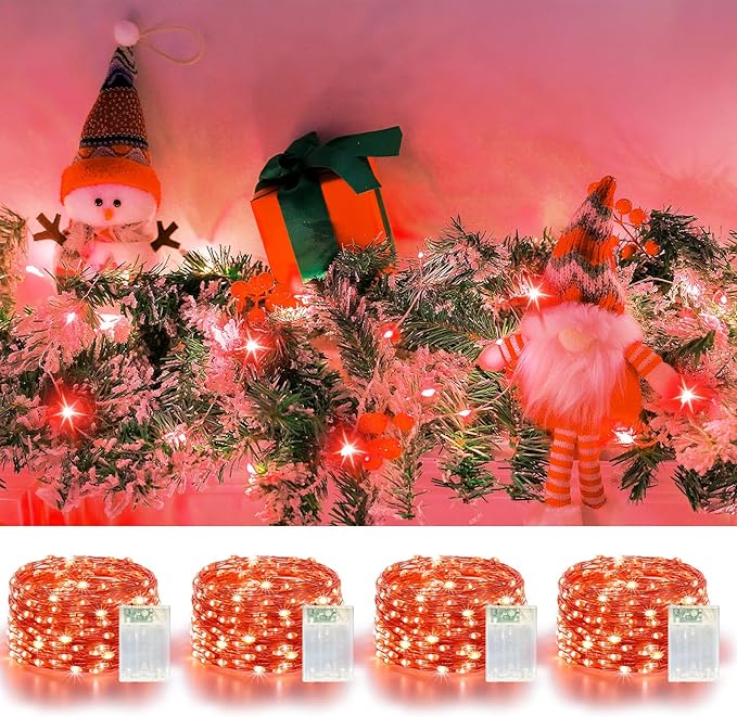 4 Pack 240LED Christmas Fairy Lights Battery Operated - 20FT Twinkle Lights with 2 Lighting Modes Indoor Outdoor, Waterproof Led Fairy String Lights for Bedroom, Wedding, Dorm, DIY Decor, Red