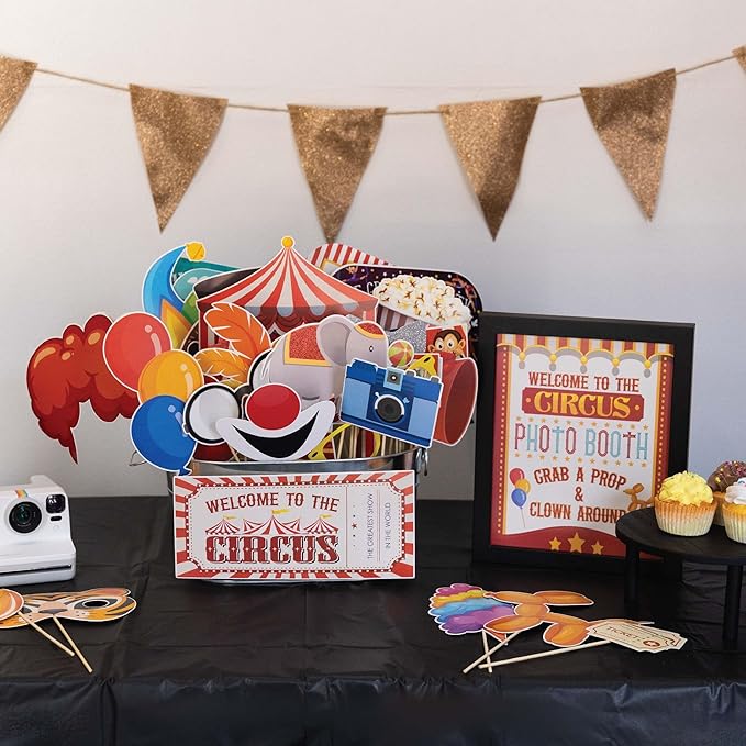 Carnival Photo Booth Props - 41-pc Photobooth Kit with 8 x 10-Inch Sign, 60 Adhesive Pads, 45 Sticks - Circus Theme Party Decorations - Carnival Backdrop