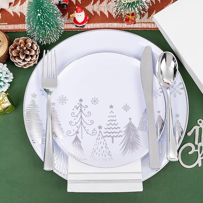 Liacere 175PCS - Silver Christmas tree Plastic Plates-Christmas and Napkins Sets Include 50 Plastic Plates,75 Silver Silverware，25 Cups 25 Napkins