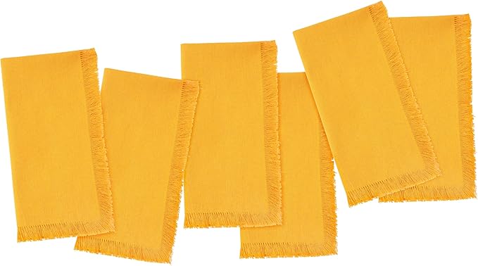 Blue Needles Handmade Cotton Linen Cloth Napkins with Fringes - Set of 6 Golden Yellow Dinner Table Napkins 18x18 Inch Hemmed Edges Washable Soft Reusable Perfect for Fall Thanksgiving & Family Dinner