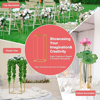 10 Pcs Gold Flower Stands 23.6 Inch Tall, Metal Geometric Floral Display Racks for Wedding Table Centerpieces Decorations, Modern Rectangle Flower Column for Party Event Reception