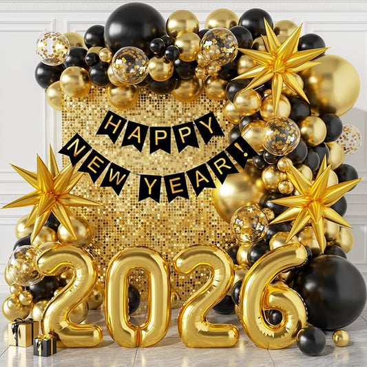 140Pcs New Year Decorations 2026 Balloons Arch - Party Supplies 2026 with Black & Gold 2026 Balloons, Happy New Year Banner - Perfect for Eve Celebrations