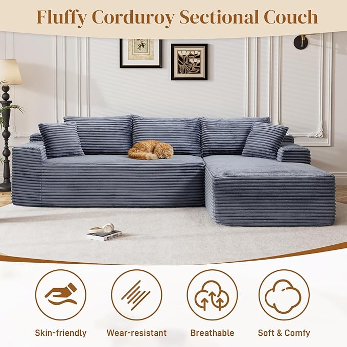 95" L Shaped Boneless Sectional Couches, Wide Armrest, Deep Seat, Memory Foam, Assembly Free, Modern Comfy Corduroy Fluffy Cloud Sofa with Right Chaise for Living Room, Small Spaces, Grey