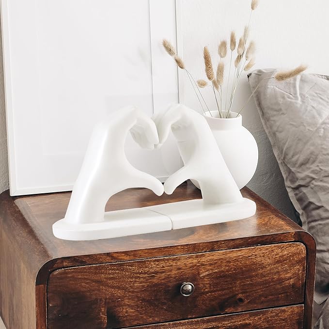 White Bookends, Heavy Duty Bookend Holder Decor, White Finger Heart Shaped, Modern Art Sculpture, Finger Home Decoration, Bookends Decorative, Boho Decor for Desktop Bedroom Study Room