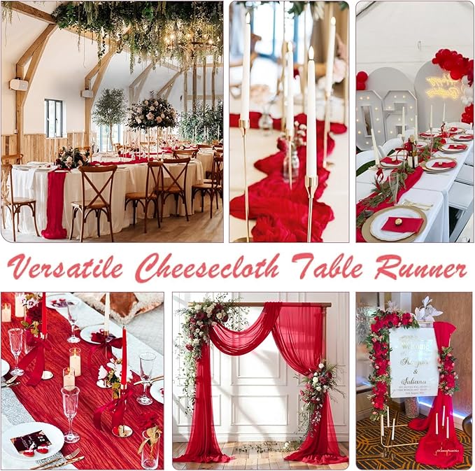 6 Pack Red Cheesecloth Table Runner Gauze Christmas Table Runner 35x120 Inch Rustic Boho Cheese Cloth Sheer Runner for Wedding Baby Shower Bridal Shower Birthday Party Holiday Decorations