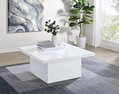 Coaster Home Furnishings - Devar - Wood - Square Coffee Table with Plinth Base, Geometric Design and Contemporary Style - Living Room - White High Gloss - 710898