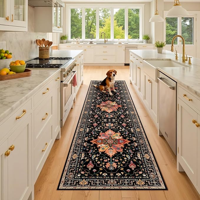 Area Rugs 2'6''x8' Runner Rug Non Slip Washable for Kitchen Hallway Bedroom Beside Laundry Room Bathroom Rug, Floor Carpet, Black Colorful Floral Dark Tan