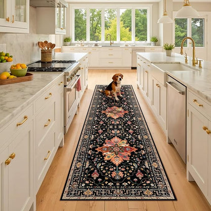 Area Rugs 2'6''x8' Runner Rug Non Slip Washable for Kitchen Hallway Bedroom Beside Laundry Room Bathroom Rug, Floor Carpet, Black Colorful Floral Dark Tan