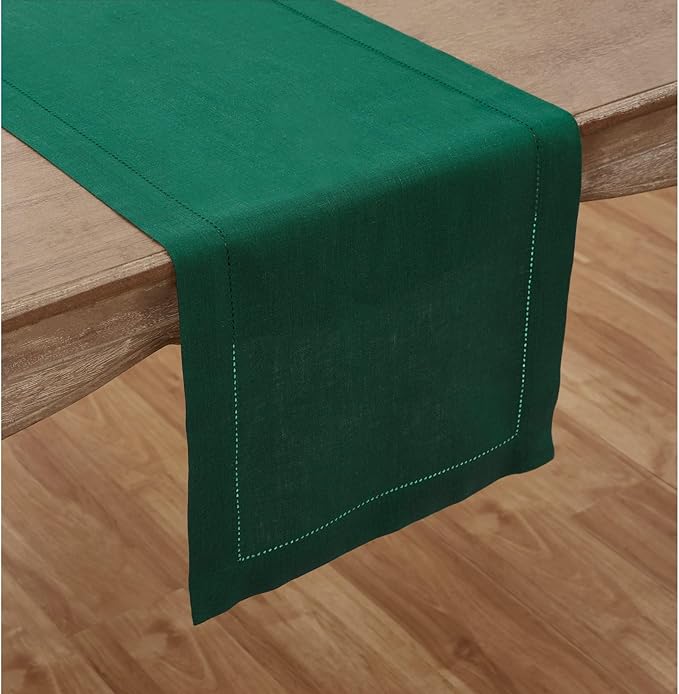 Solino Home Linen Rainforest Green Hemstitch Table Runner 60 Inches - 100% Pure Linen Small Table Runner 14 x 60 Inch Ideal for Dresser and Coffee Tables - Classic Hemstitch - Christmas, New Year