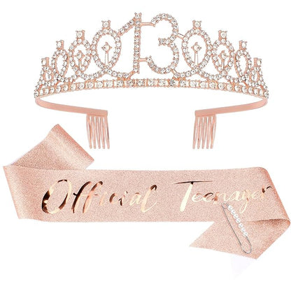 CIEHER 13th Birthday Crown & Sash Set, Rose Gold Tiara, Teen Gifts