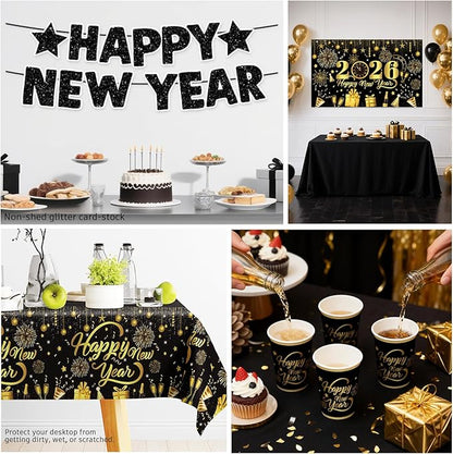 New Years Decorations 2026, New Years Eve Party Banner Backdrop, Foil Balloons, Hanging Swirls, Happy New Year Plates and Napkins Gold and Black Nye Party Decorations New Year's Eve Party Supplies