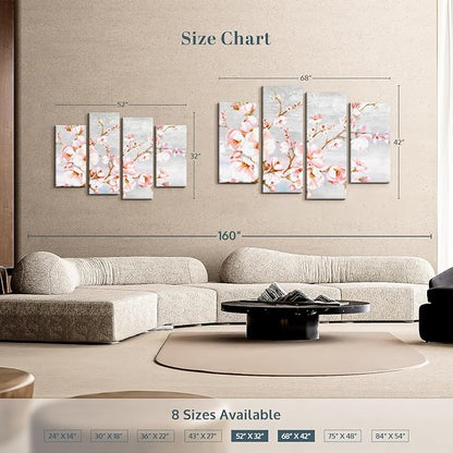 Elephant Stock Spring Cherry Blossoms Wall Art - Horizontal Canvas - 4-Piece Living Room Wall Decor - Painting Floral and Botanical Canvas Print - Pink and Brown Decor for Wall by Eva Watts - 52" X 32"