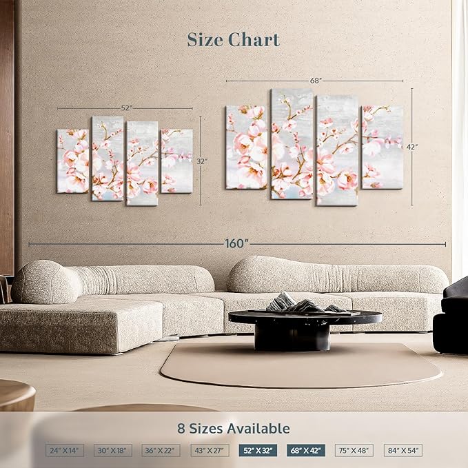 Elephant Stock Spring Cherry Blossoms Wall Art - Horizontal Canvas - 4-Piece Living Room Wall Decor - Painting Floral and Botanical Canvas Print - Pink and Brown Decor for Wall by Eva Watts - 68" X 42"