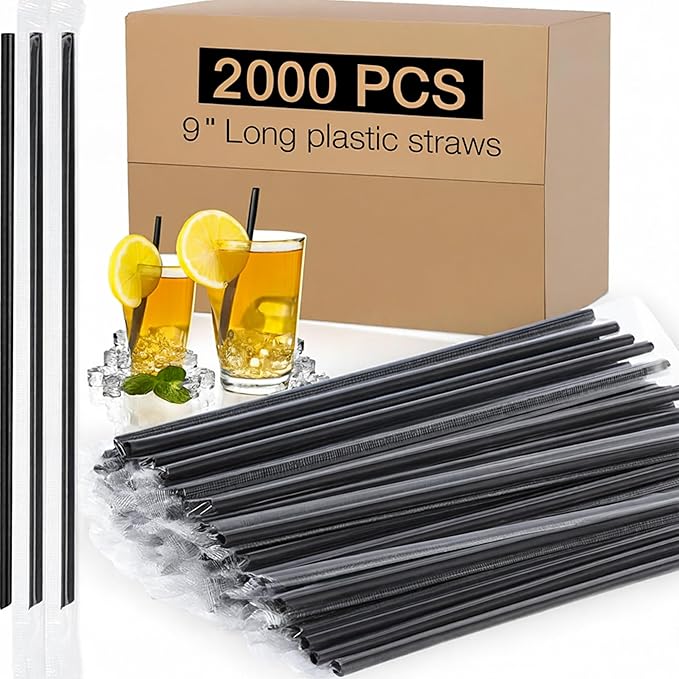 2000 PCS Individually Wrapped Disposable Plastic Drinking Straws, (9" Long, 0.24" Diameter), for Juice, Iced Coffee, Soda, and Party Beverages(Black)