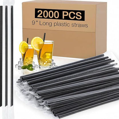 2000 PCS Individually Wrapped Disposable Plastic Drinking Straws, (9" Long, 0.24" Diameter), for Juice, Iced Coffee, Soda, and Party Beverages(Black)