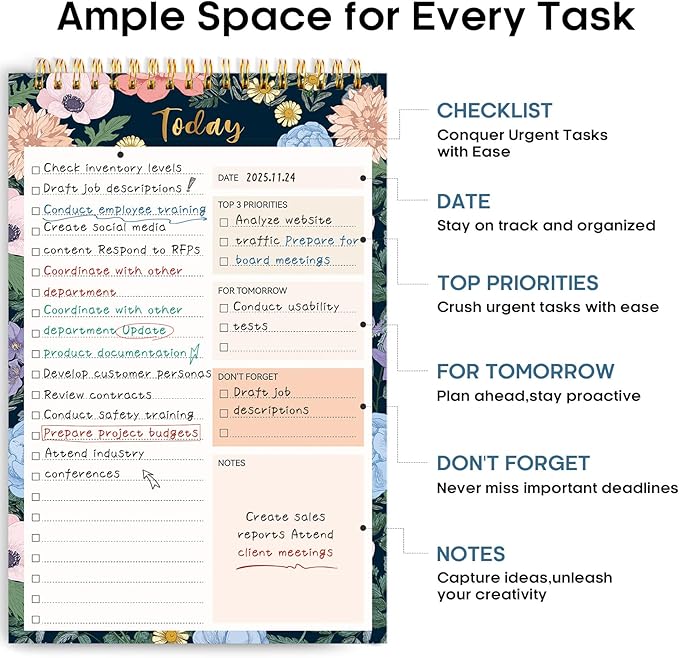 Taja To Do List Notepad - To Do List Notebook for Work with 52 Sheets, 9.8" x 6.5", Undated Daily Planner Perfect for Daily Tasks and Goal Setting, Notepad Suitable for Office, Home & School - Floral Symphony