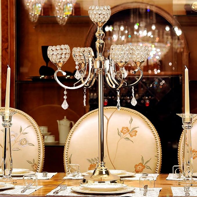 8PCS 5 Arm Gold Candelabra Centerpieces for Tables 33 Inches,Metal Crystal Candlestick Holders with Beaded Globe for Home Wedding Party Floor Candle Stand Home Decor centros de mesa de 15 años