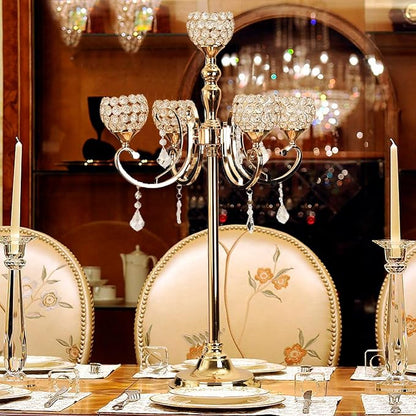 8PCS 5 Arm Gold Candelabra Centerpieces for Tables 33 Inches,Metal Crystal Candlestick Holders with Beaded Globe for Home Wedding Party Floor Candle Stand Home Decor centros de mesa de 15 años