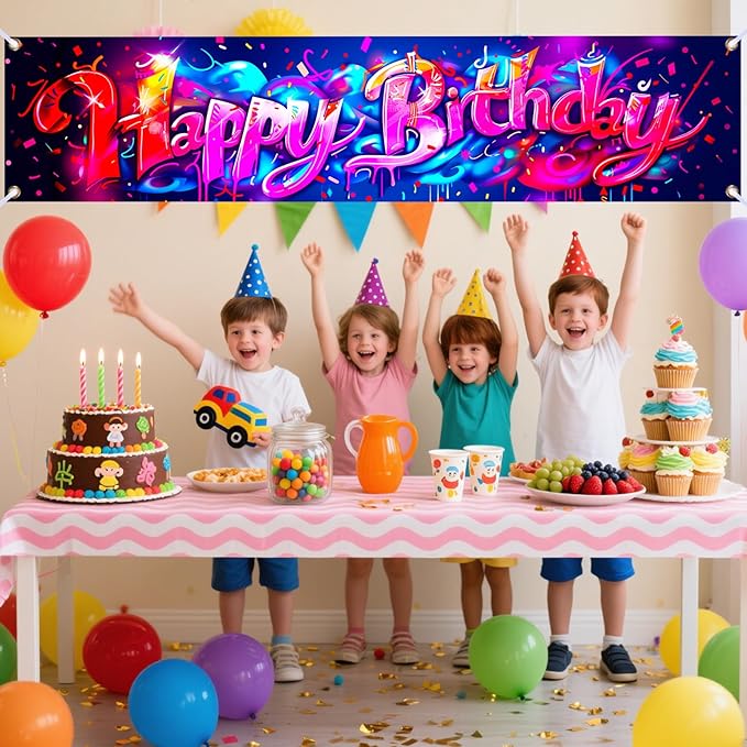 Nuxovilar Happy Birthday Banner Decorations 17.72x78.74 Inch Graffiti Neon Theme - Polyester for Indoor Outdoor Birthday Party Decor