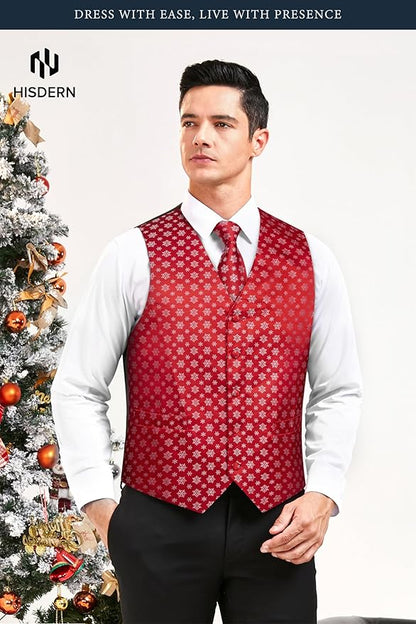HISDERN Men's Suit Vest Christmas Holiday Season Party Jacquard Waistcoats Necktie Pocket Square Vest Suit Set