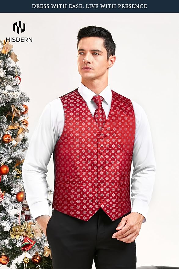 HISDERN Men's Suit Vest Christmas Holiday Season Party Jacquard Waistcoats Necktie Pocket Square Vest Suit Set