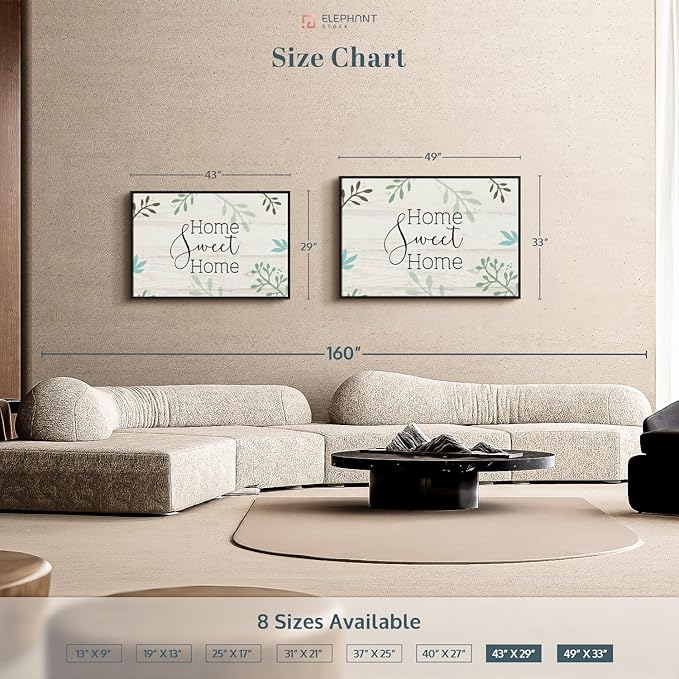Elephant Stock Home Sweet Home Foliage Wall Art - Horizontal Floating Framed Canvas - 1-Piece Living Room Wall Decor - Leaf Digital Art Canvas Print - Beige and Black Decor for Wall by Susan Jill - 43" X 29"