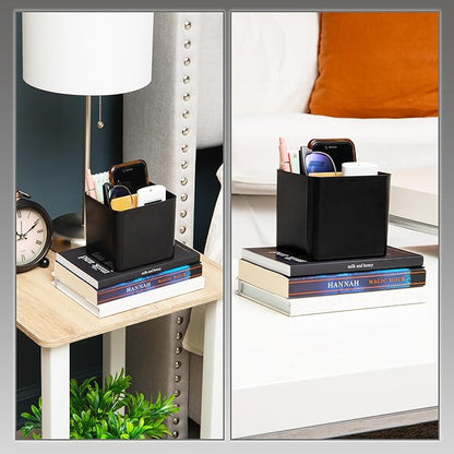 Mind Reader 2-Compartment Desktop Organizer, Removable Wood Divider, Non-Slip Base, Plastic and Wood, Black
